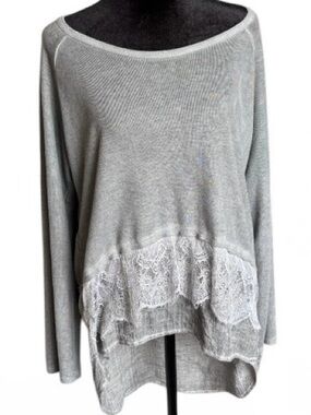 Simply Couture Light Gray Knit Top with Lace Detail